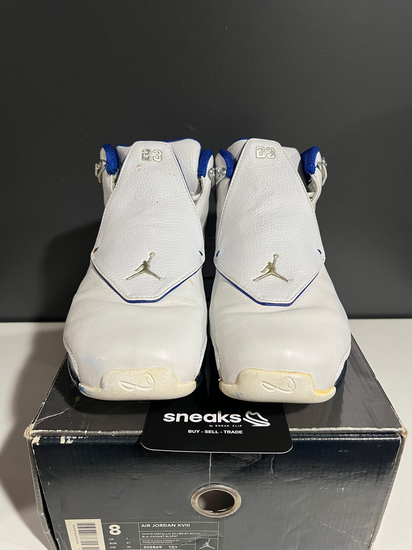 USED Air Jordan 18 OG White Sport Royal 2003 305869-101 SIZE 8M OG ALL AG25-177