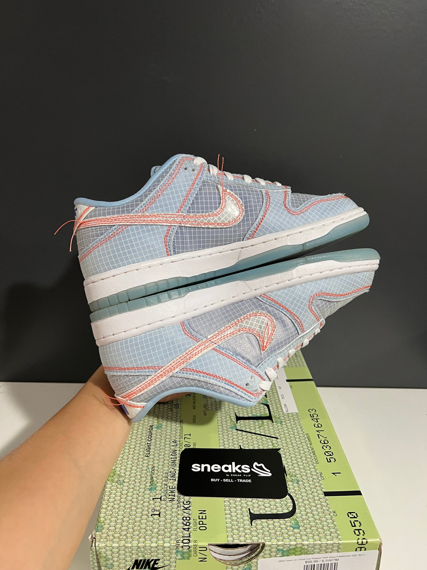 USED Union LA x Dunk Low Passport Pack Argon DJ9649-400 SIZE 7M OG ALL