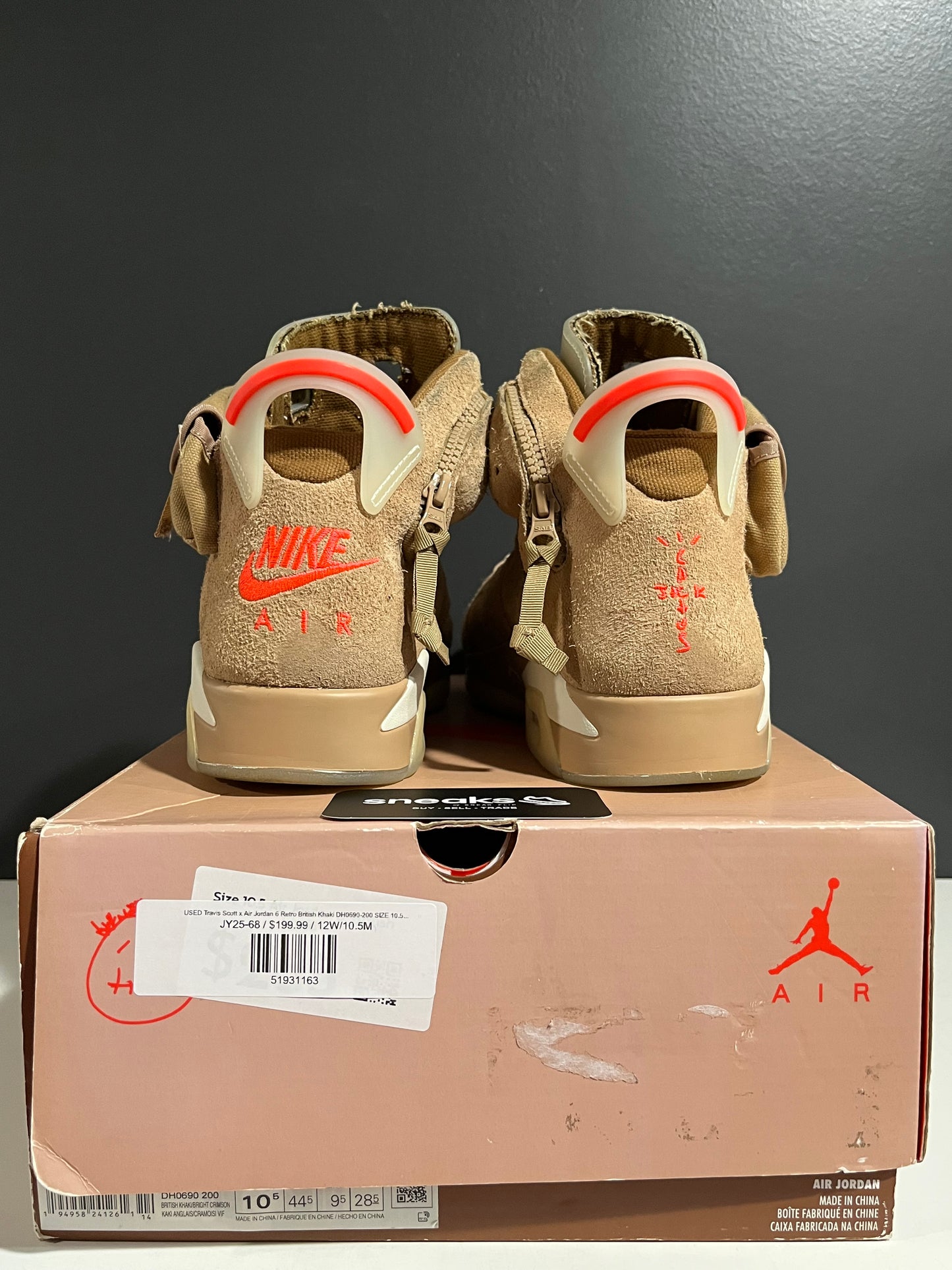 USED Travis Scott x Air Jordan 6 Retro British Khaki DH0690-200 SIZE 10.5M OG ALL JY25-68