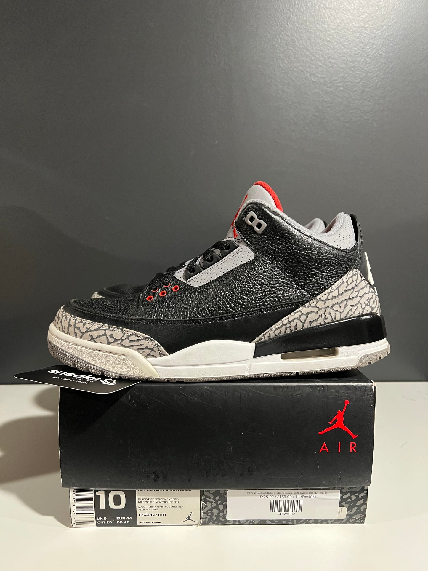 USED Air Jordan 3 Retro OG Black Cement 2018 854262-001 SIZE 10M OG ALL JY25-92