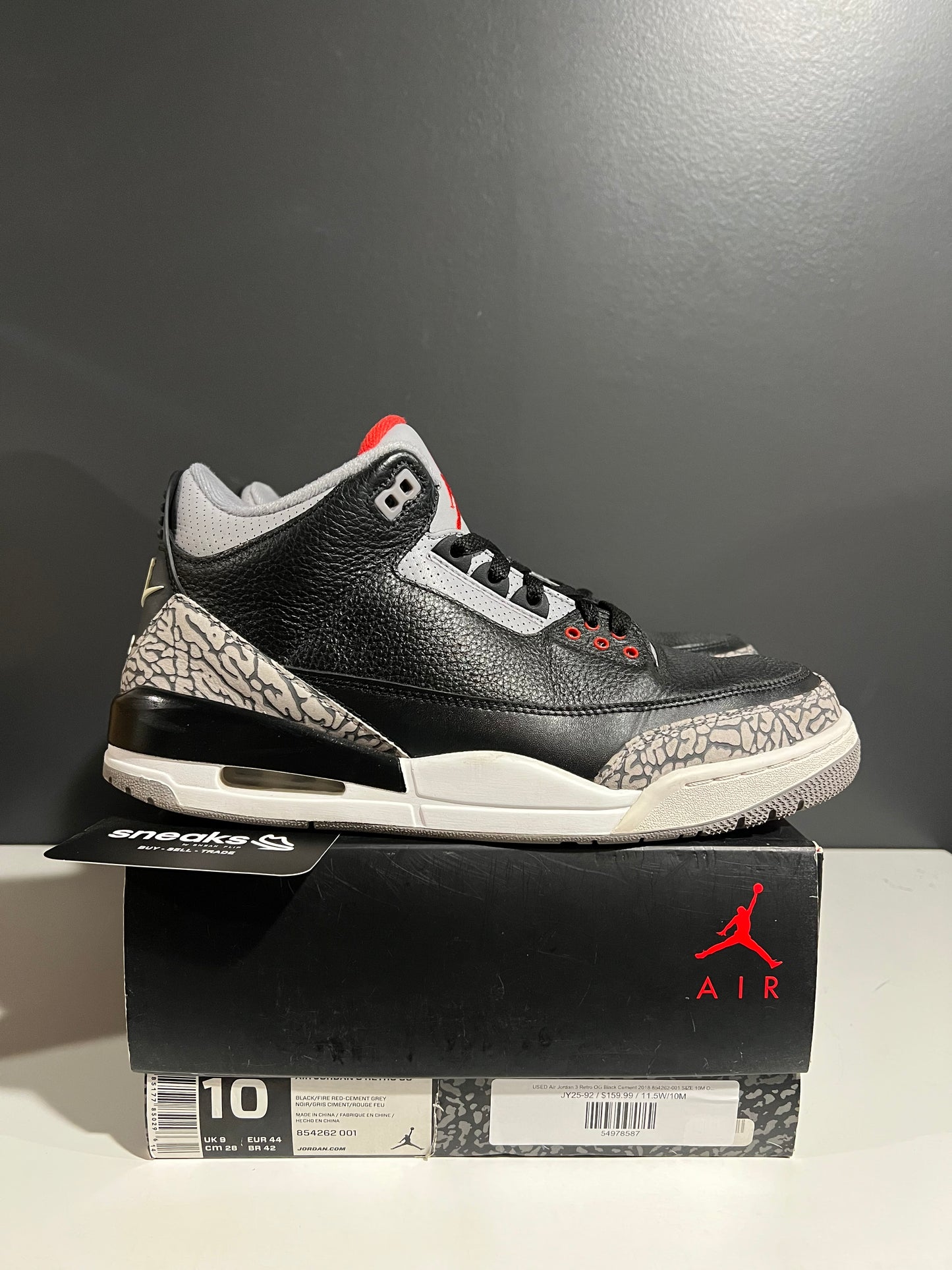 USED Air Jordan 3 Retro OG Black Cement 2018 854262-001 SIZE 10M OG ALL JY25-92