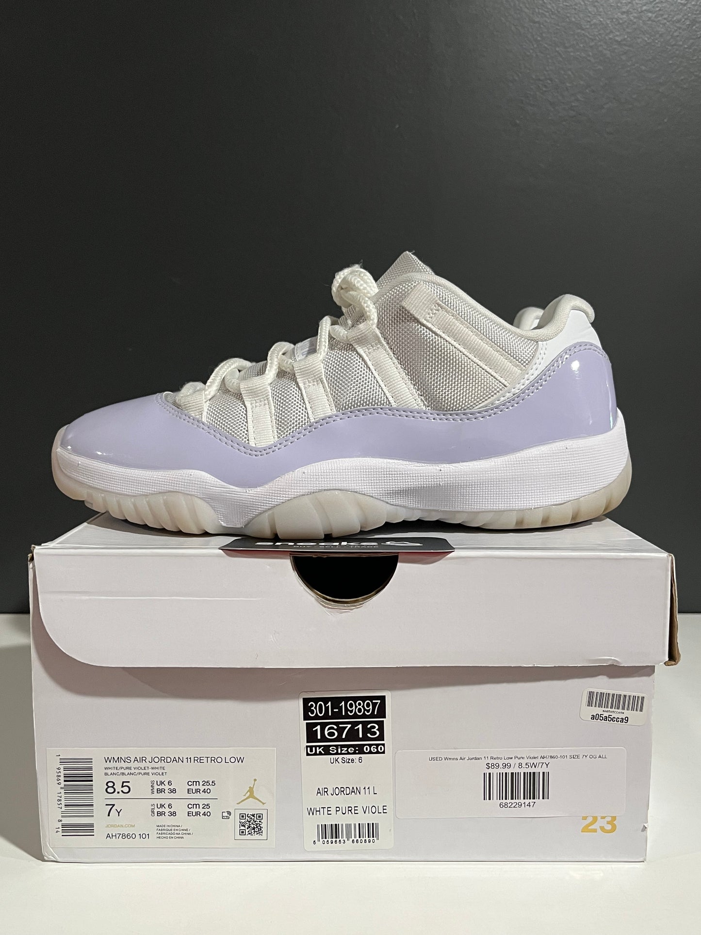 USED Wmns Air Jordan 11 Retro Low Pure Violet AH7860-101 SIZE 7Y OG ALL