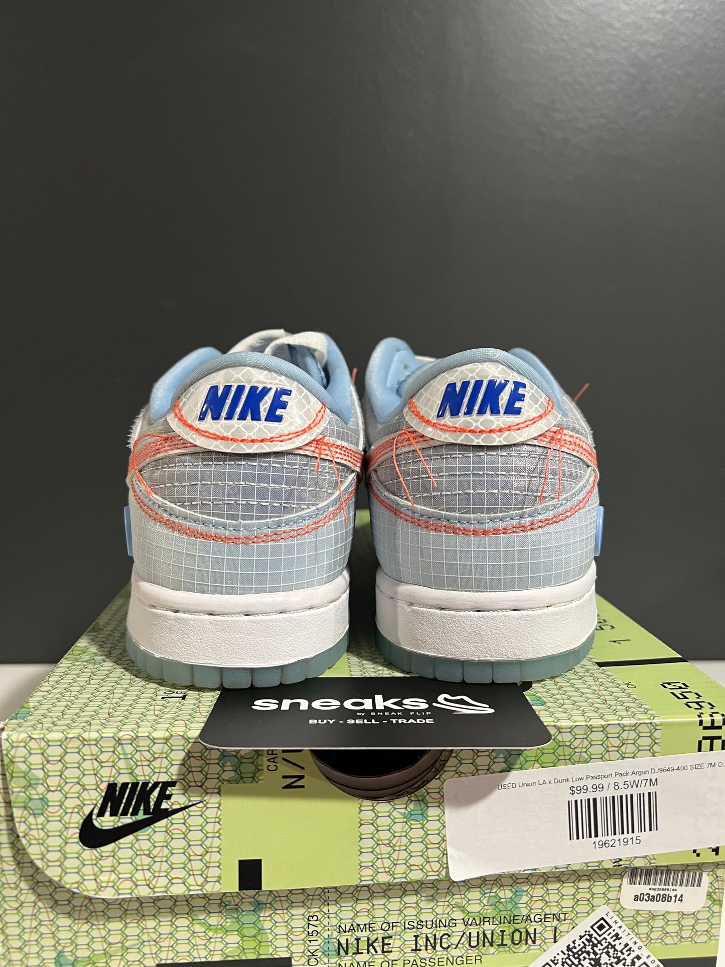 USED Union LA x Dunk Low Passport Pack Argon DJ9649-400 SIZE 7M OG ALL