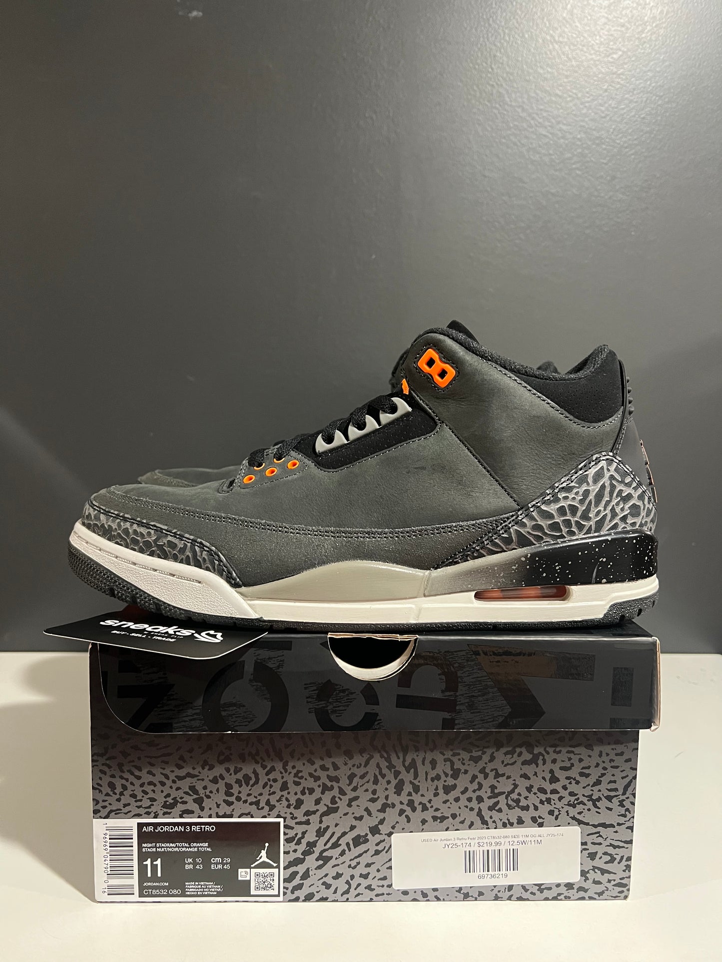 USED Air Jordan 3 Retro Fear 2023 CT8532-080 SIZE 11M OG ALL JY25-174