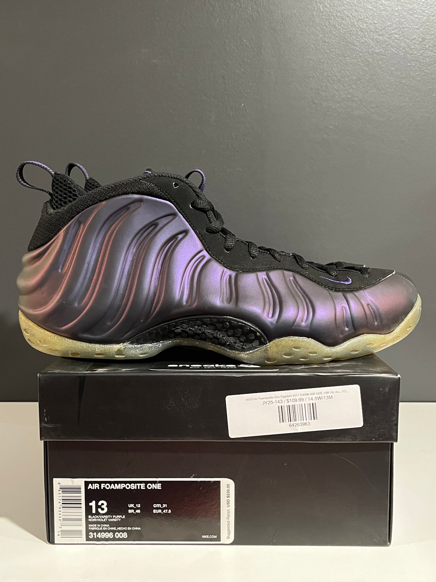 USED Air Foamposite One Eggplant 2017 314996-008 SIZE 13M OG ALL JY25-143