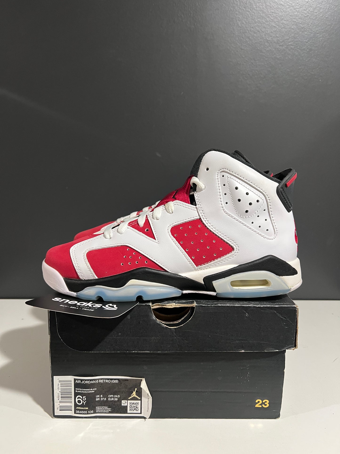 USED Air Jordan 6 Retro GS Carmine 2021 384665-106 SIZE 6.5Y OG ALL AG25-321