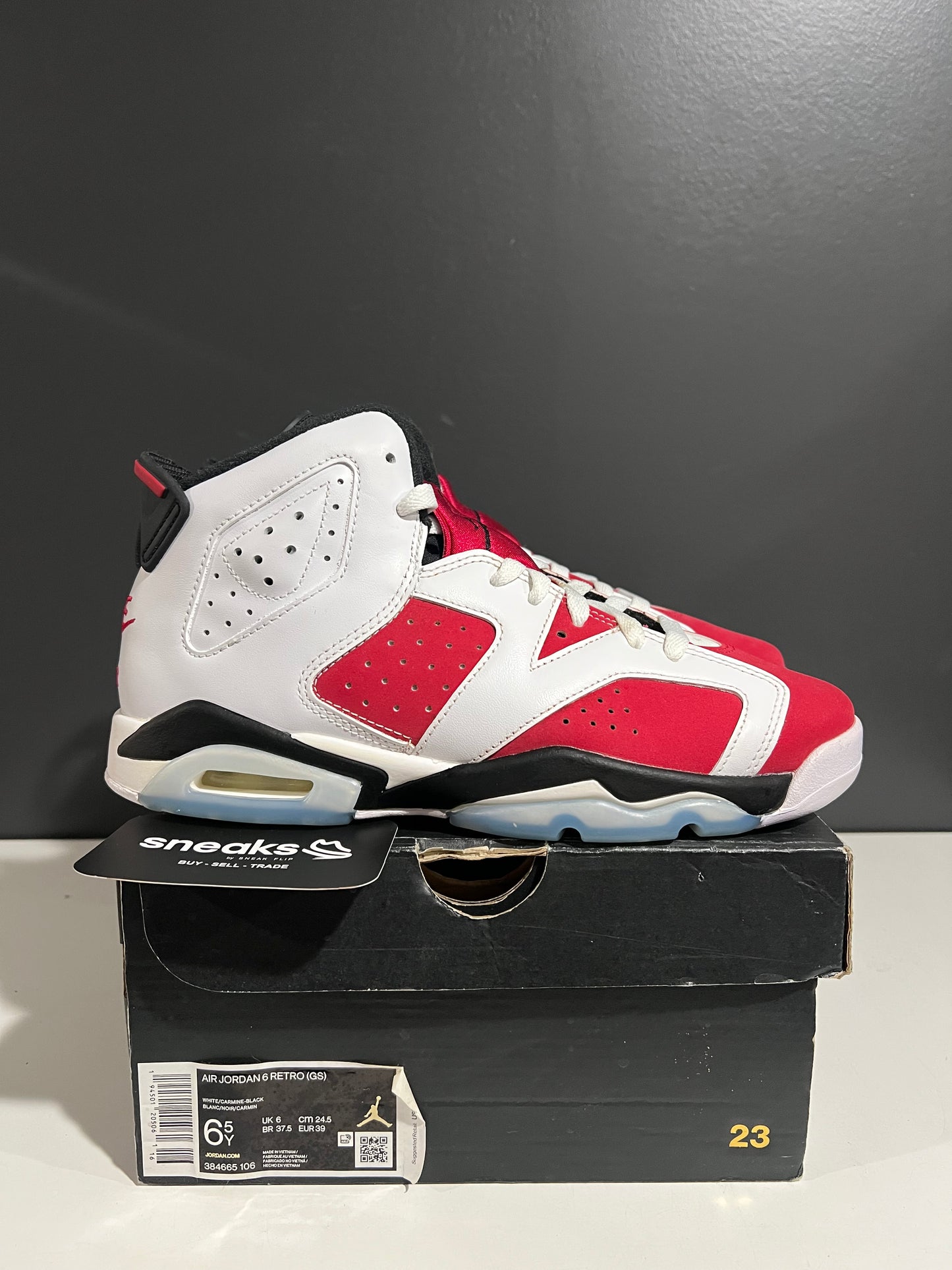 USED Air Jordan 6 Retro GS Carmine 2021 384665-106 SIZE 6.5Y OG ALL AG25-321