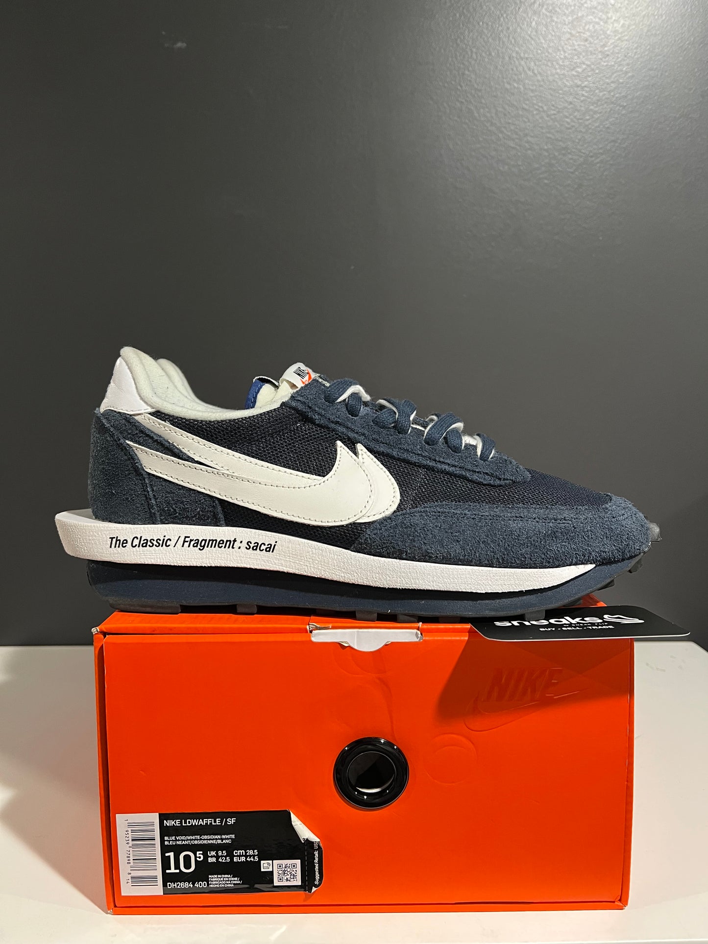 USED Fragment Design x sacai x LDV Waffle Blackened Blue DH2684-400 SIZE 10.5M OG ALL JN25-201