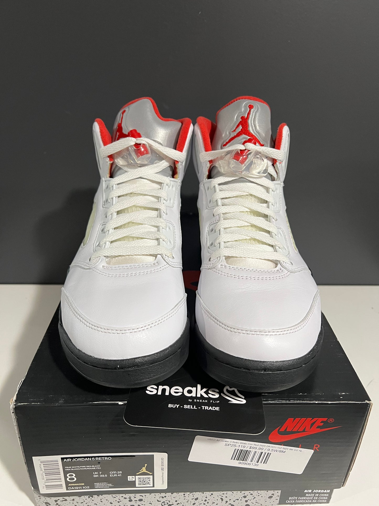 USED Air Jordan 5 Retro White Fire Red 2020 DA1911-102 SIZE 8M OG ALL SP25-119