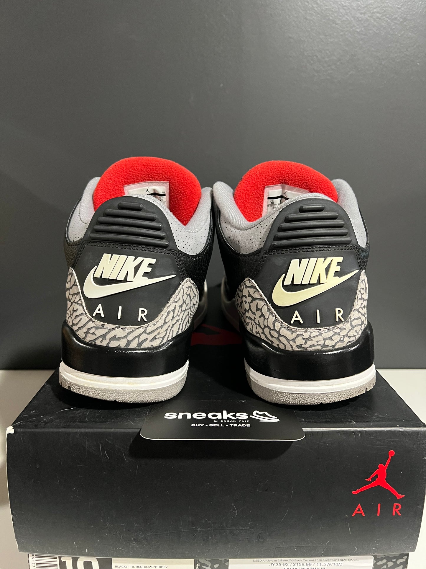 USED Air Jordan 3 Retro OG Black Cement 2018 854262-001 SIZE 10M OG ALL JY25-92
