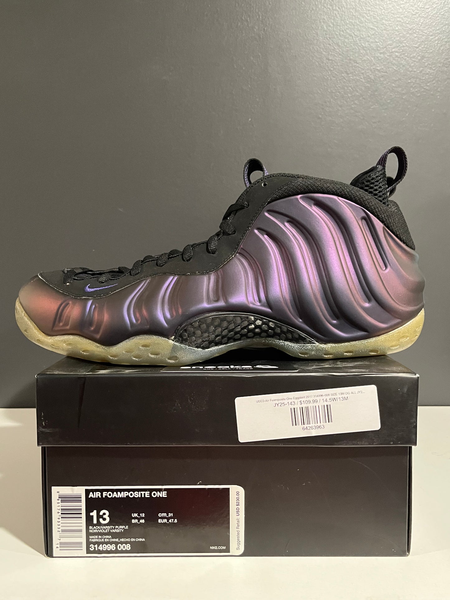 USED Air Foamposite One Eggplant 2017 314996-008 SIZE 13M OG ALL JY25-143