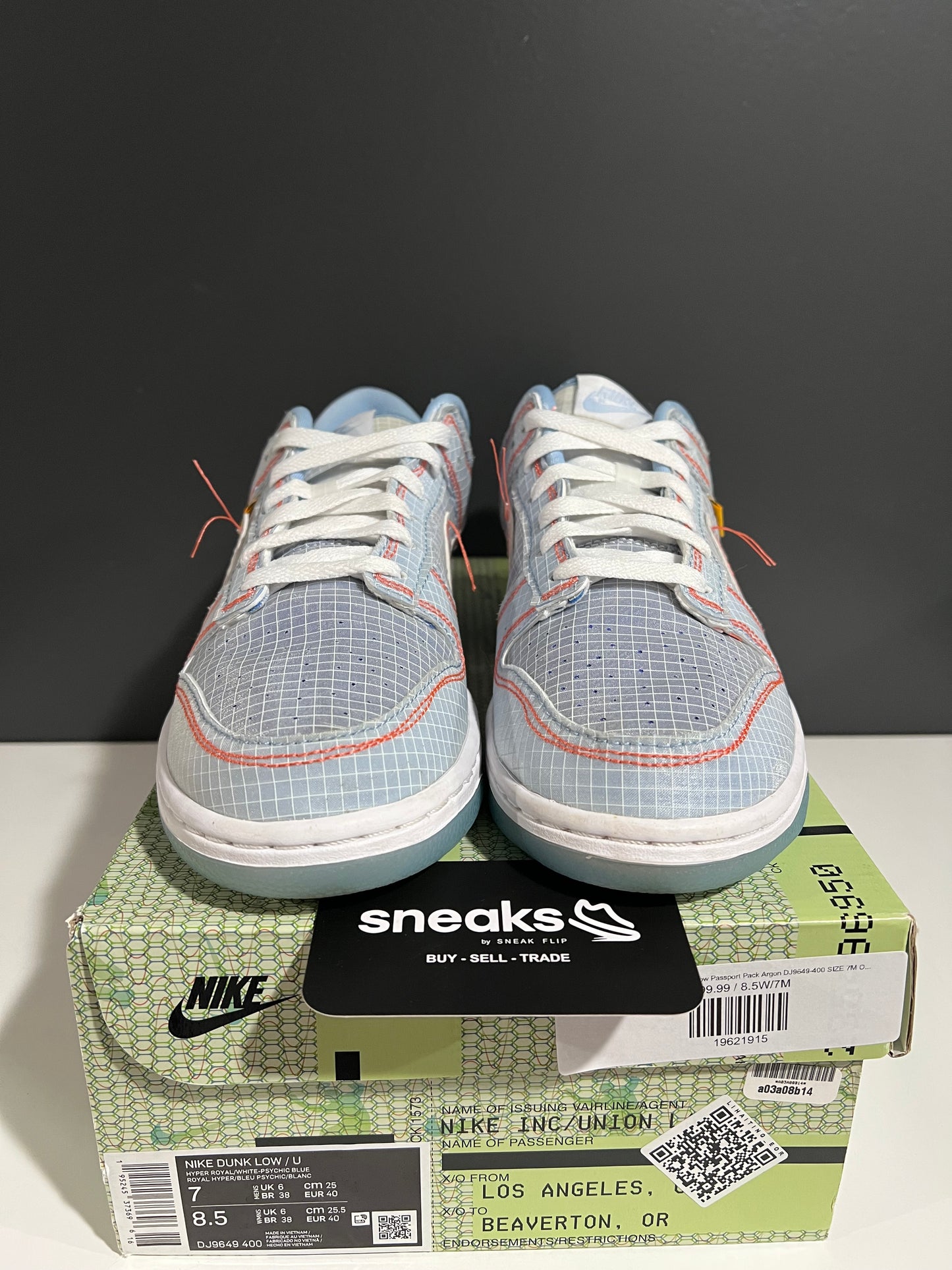 USED Union LA x Dunk Low Passport Pack Argon DJ9649-400 SIZE 7M OG ALL