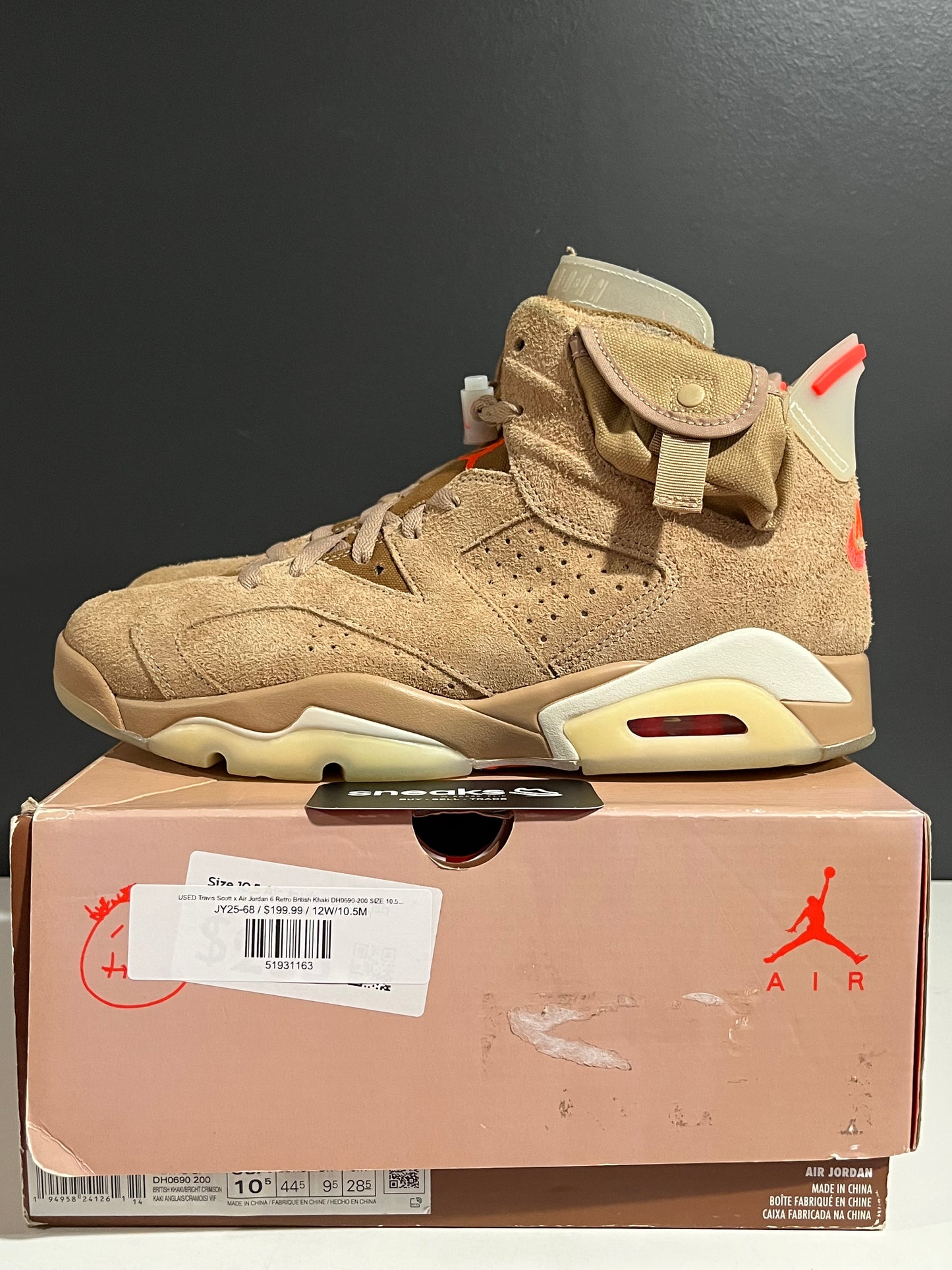 USED Travis Scott x Air Jordan 6 Retro British Khaki DH0690-200 SIZE 10.5M OG ALL JY25-68