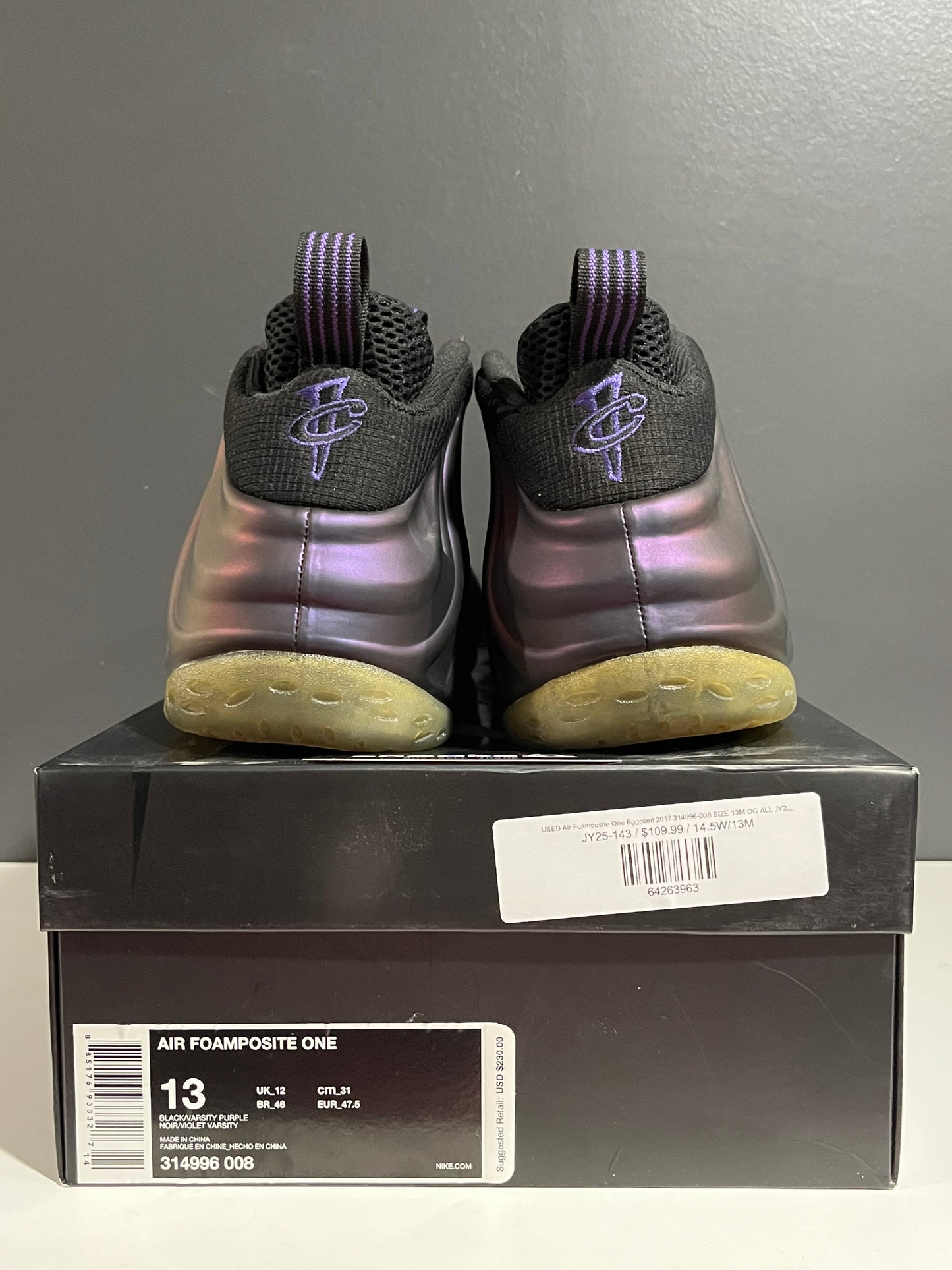 USED Air Foamposite One Eggplant 2017 314996-008 SIZE 13M OG ALL JY25-143