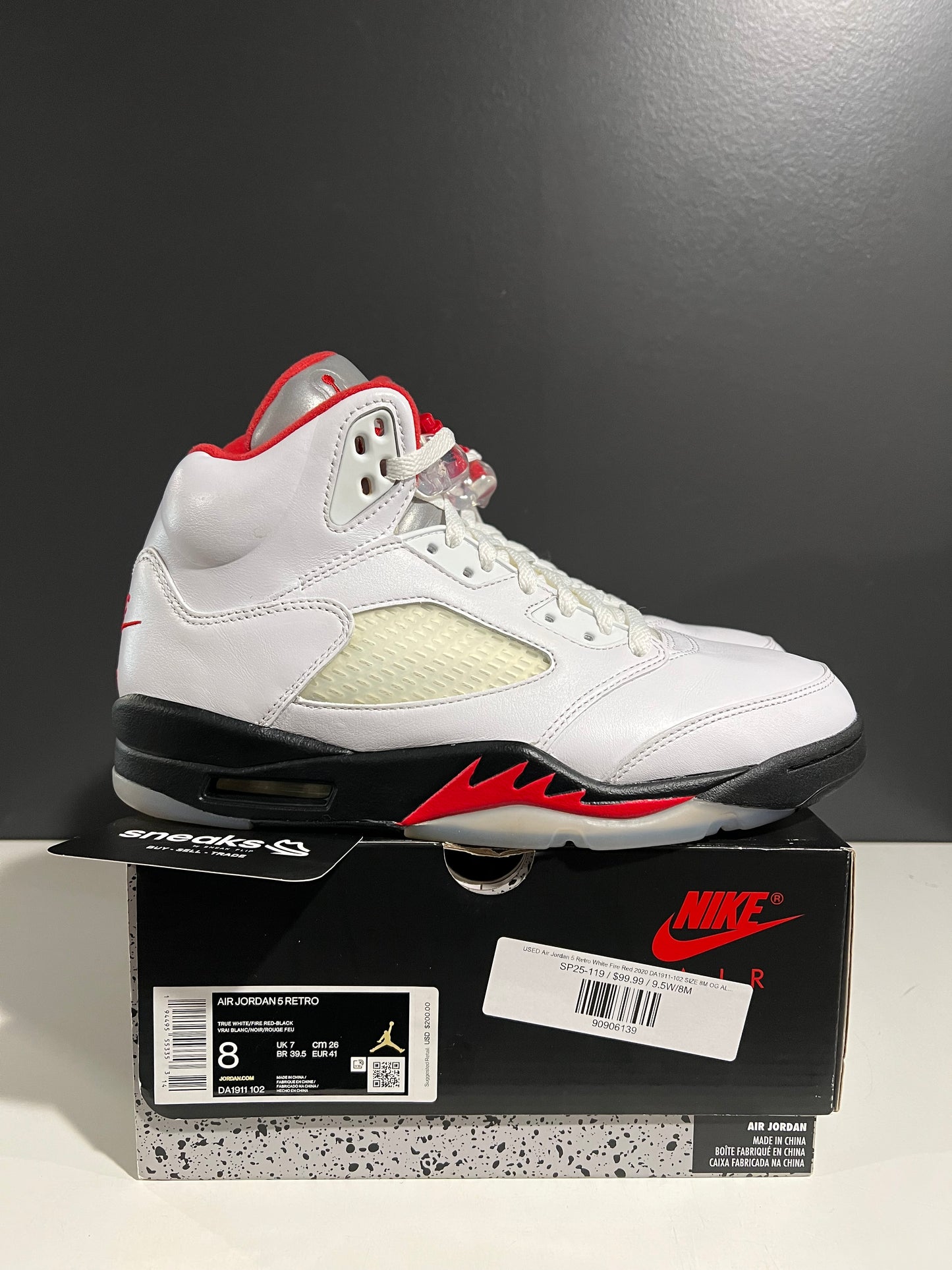 USED Air Jordan 5 Retro White Fire Red 2020 DA1911-102 SIZE 8M OG ALL SP25-119