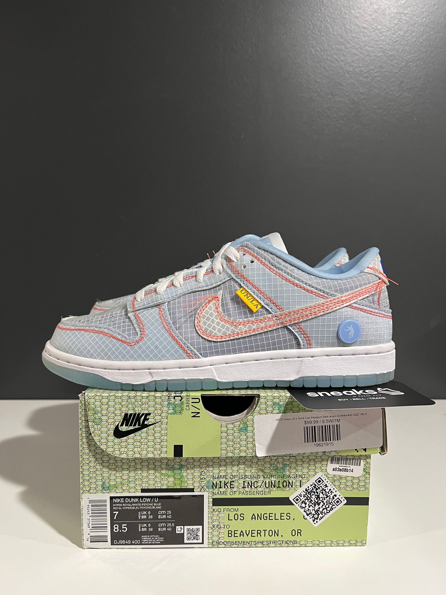 USED Union LA x Dunk Low Passport Pack Argon DJ9649-400 SIZE 7M OG ALL