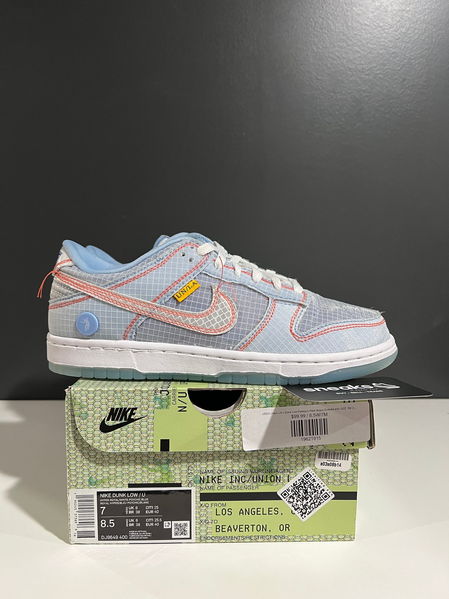 USED Union LA x Dunk Low Passport Pack Argon DJ9649-400 SIZE 7M OG ALL