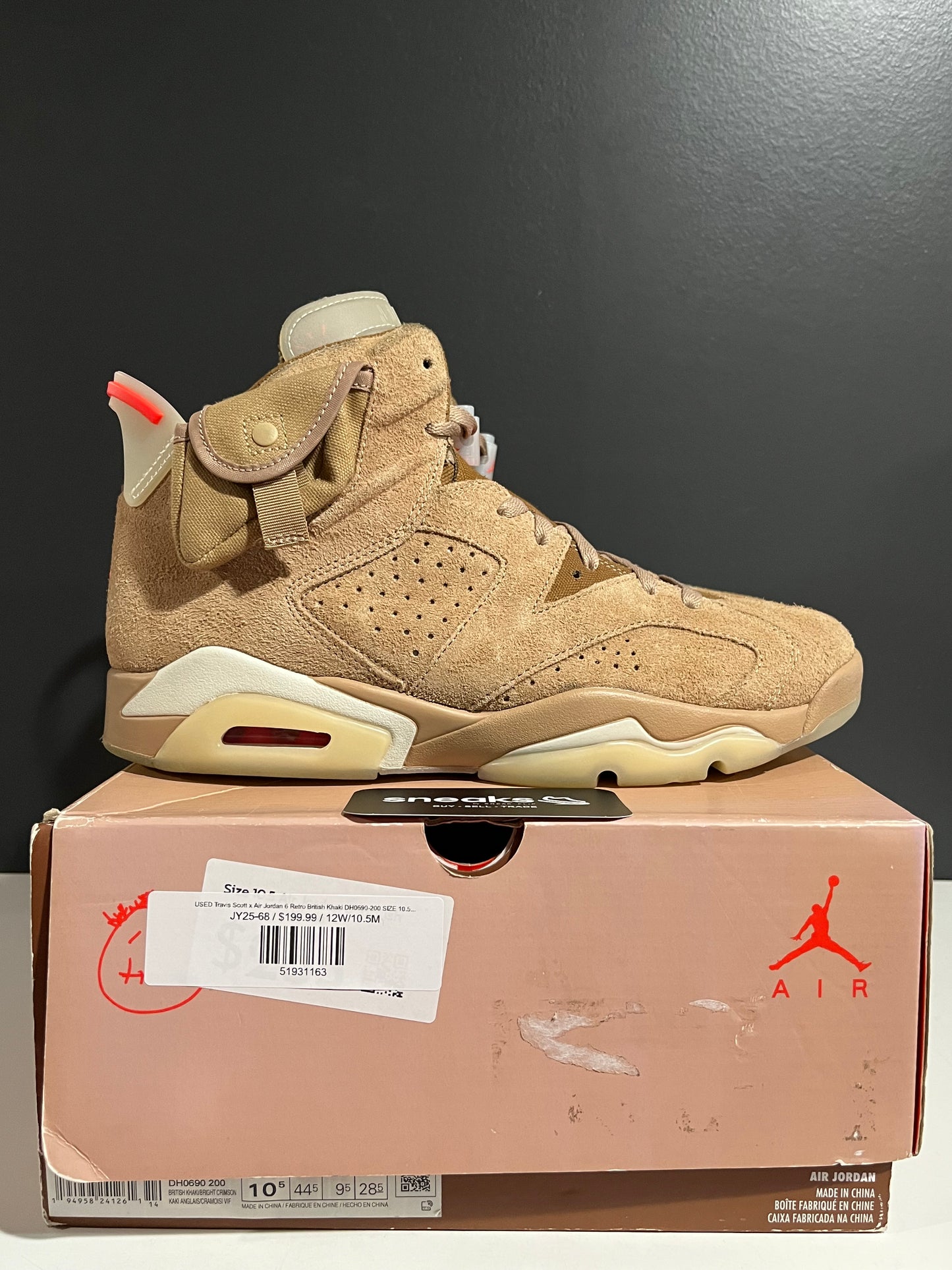 USED Travis Scott x Air Jordan 6 Retro British Khaki DH0690-200 SIZE 10.5M OG ALL JY25-68
