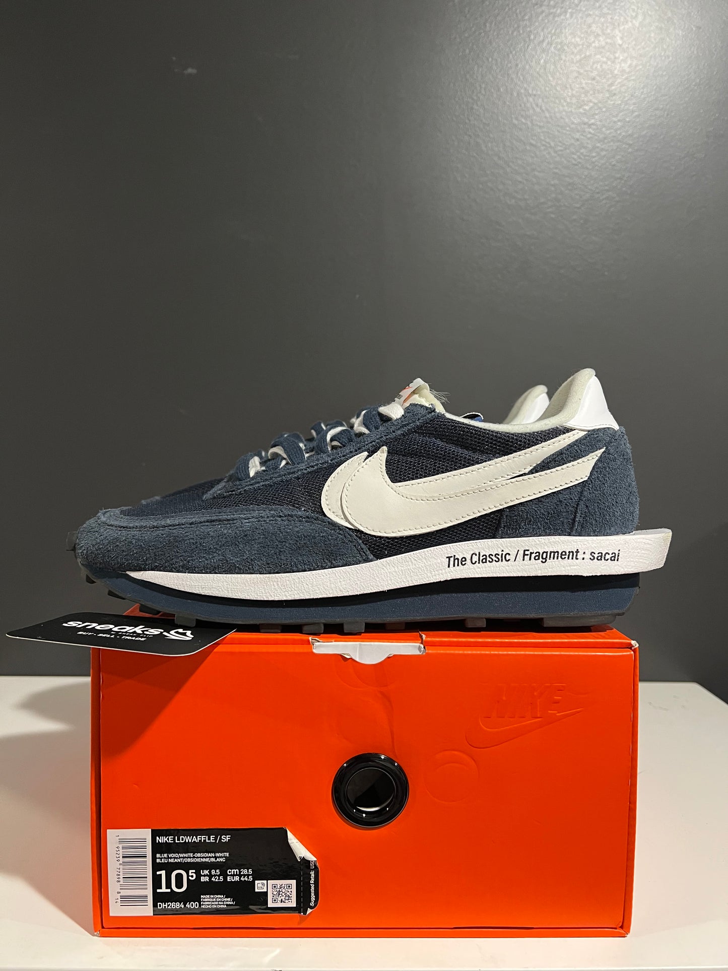 USED Fragment Design x sacai x LDV Waffle Blackened Blue DH2684-400 SIZE 10.5M OG ALL JN25-201