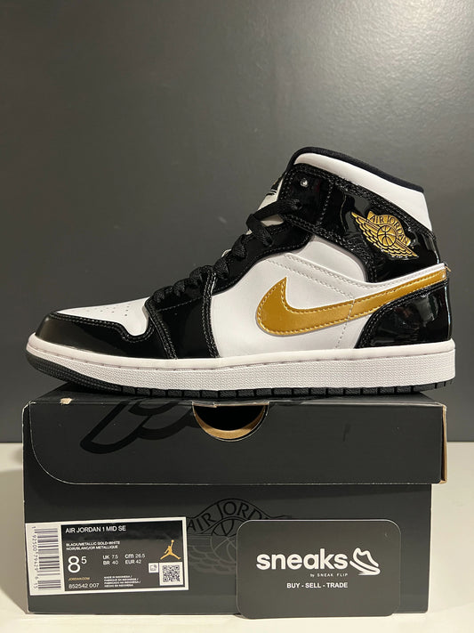 Jordan 1 Mid Patent Black White Gold - Used
