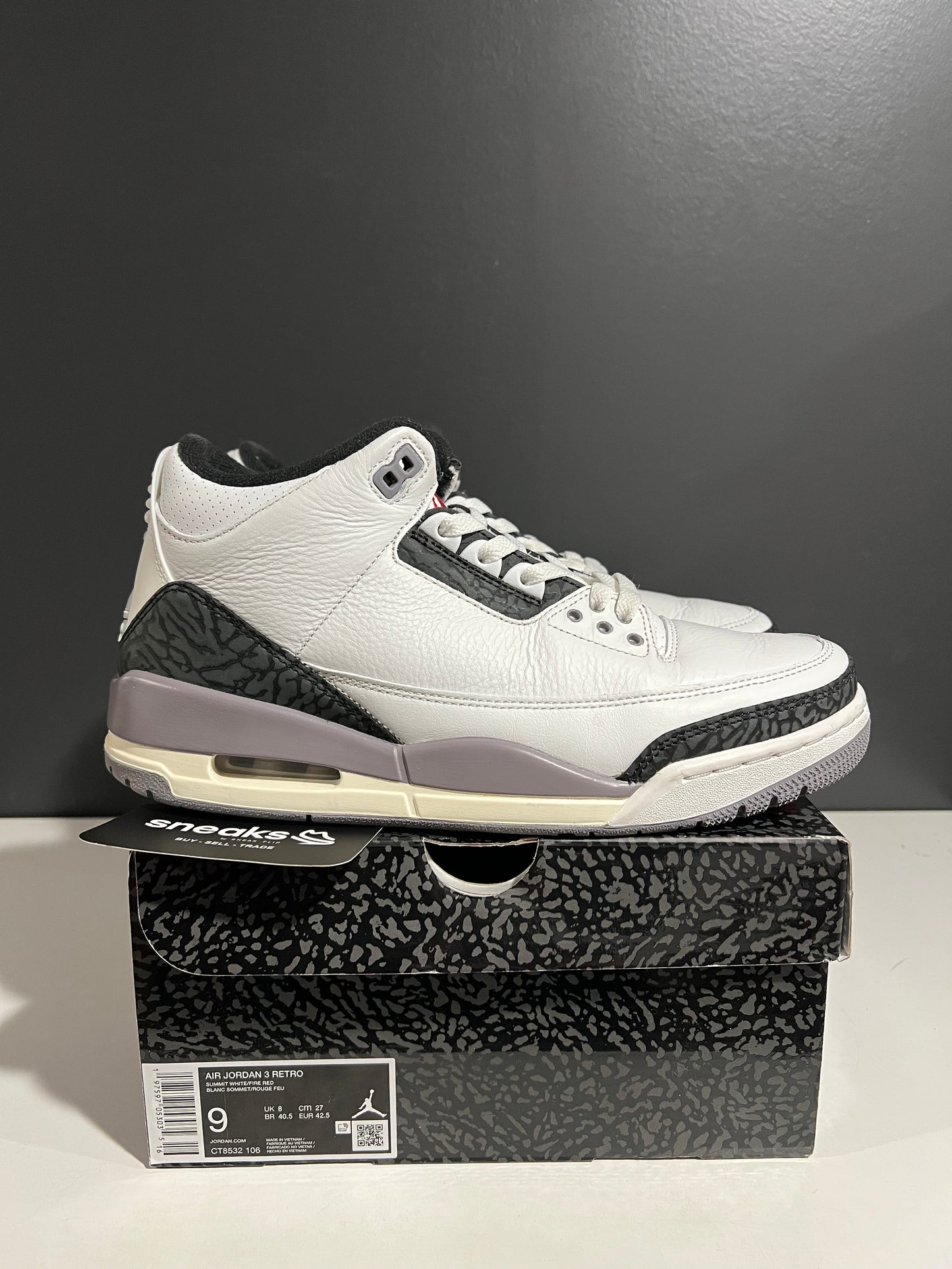 USED Air Jordan 3 Retro Cement Grey CT8532-106 SIZE 9M OG ALL AG25-327