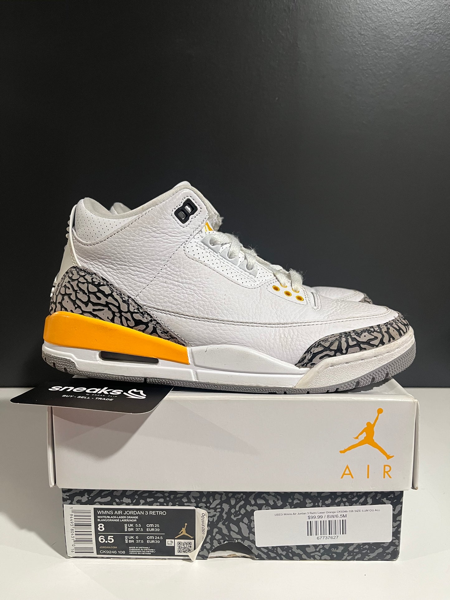 USED Wmns Air Jordan 3 Retro Laser Orange CK9246-108 SIZE 6.5M OG ALL
