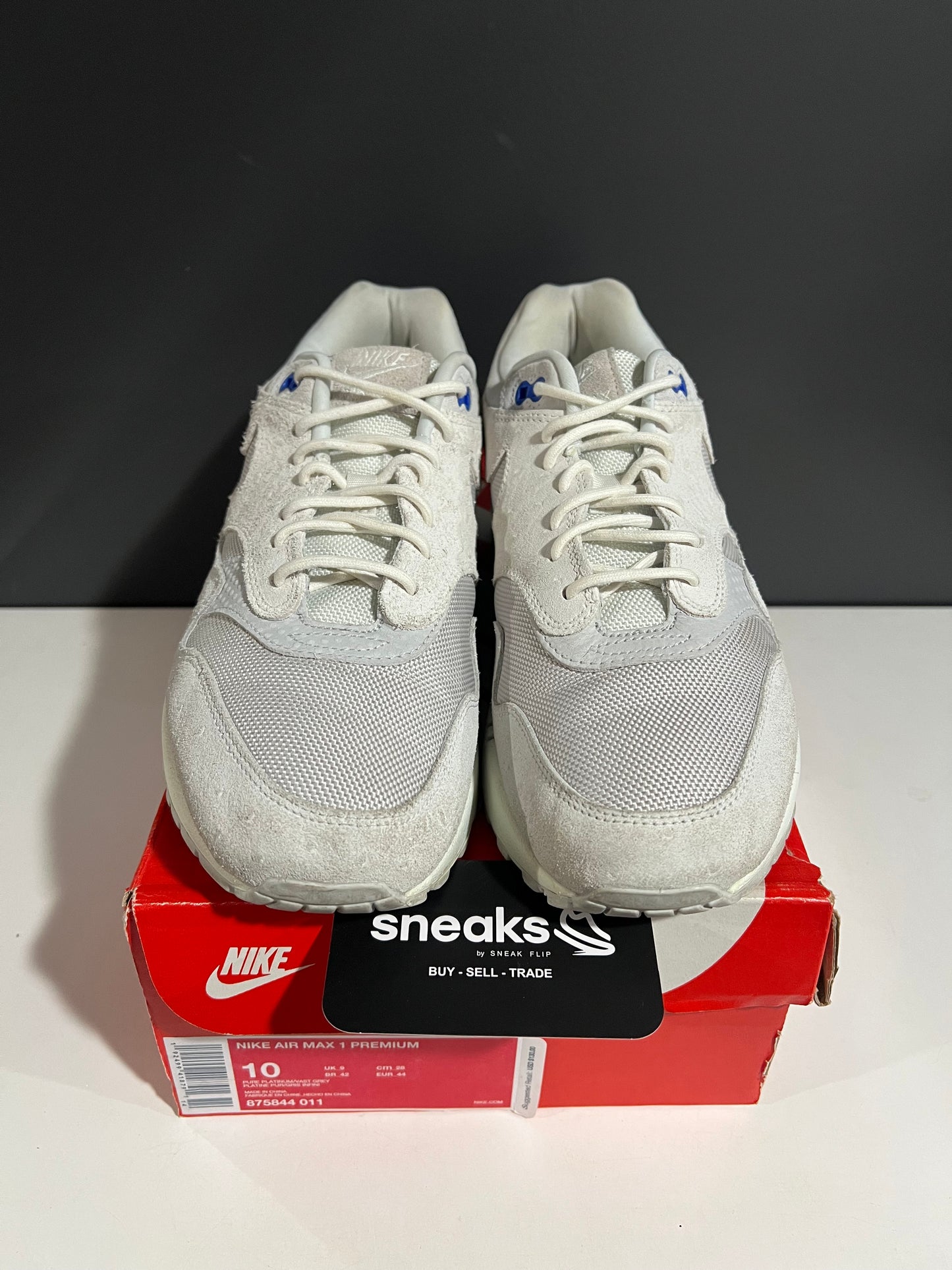 USED Nike Air Max 1 Premium Pure Platinum Racer Blue 875844-011 SIZE 10M OG ALL JY25-231
