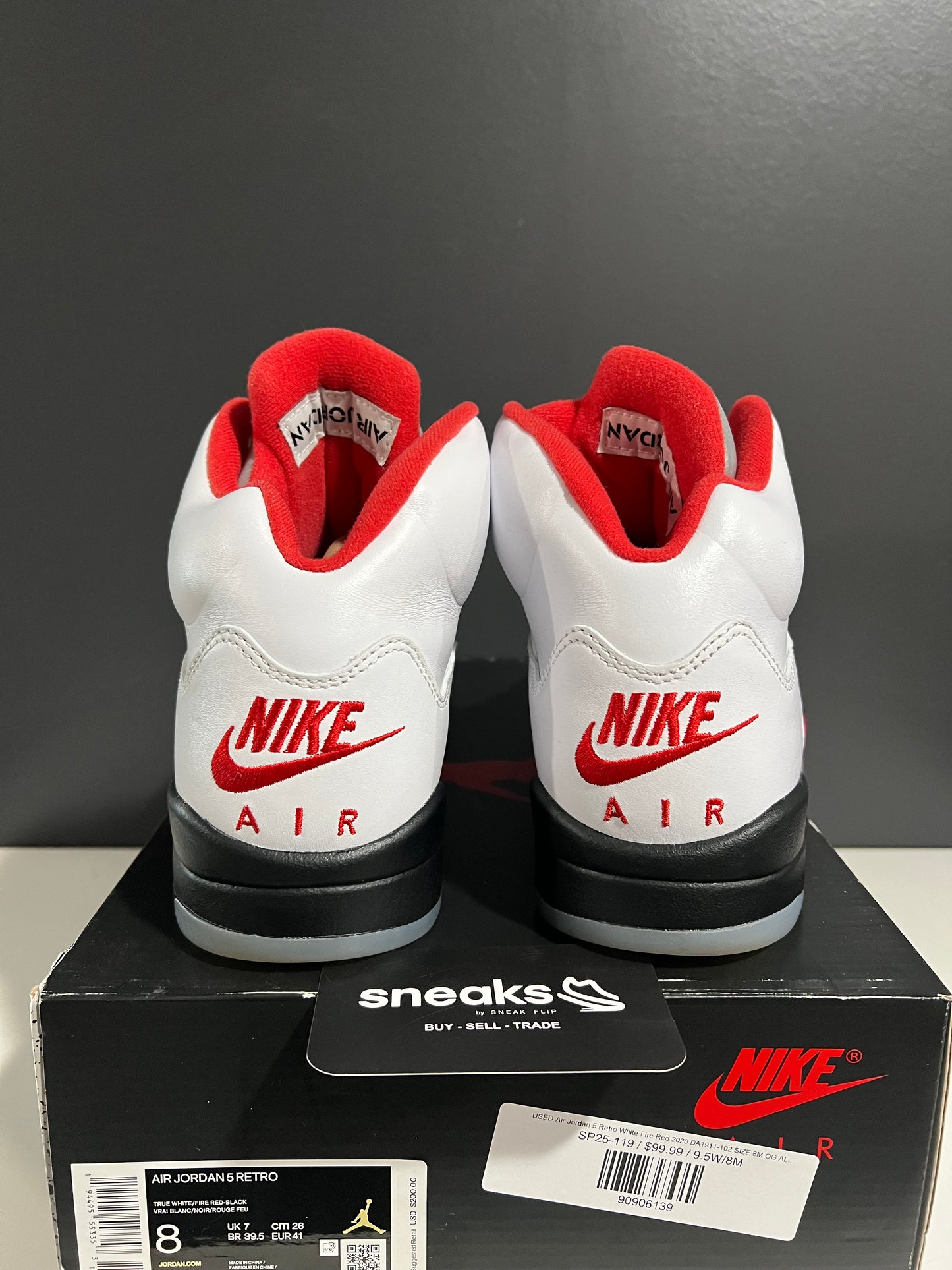 USED Air Jordan 5 Retro White Fire Red 2020 DA1911-102 SIZE 8M OG ALL SP25-119