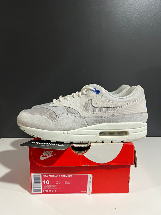 USED Nike Air Max 1 Premium Pure Platinum Racer Blue 875844-011 SIZE 10M OG ALL JY25-231