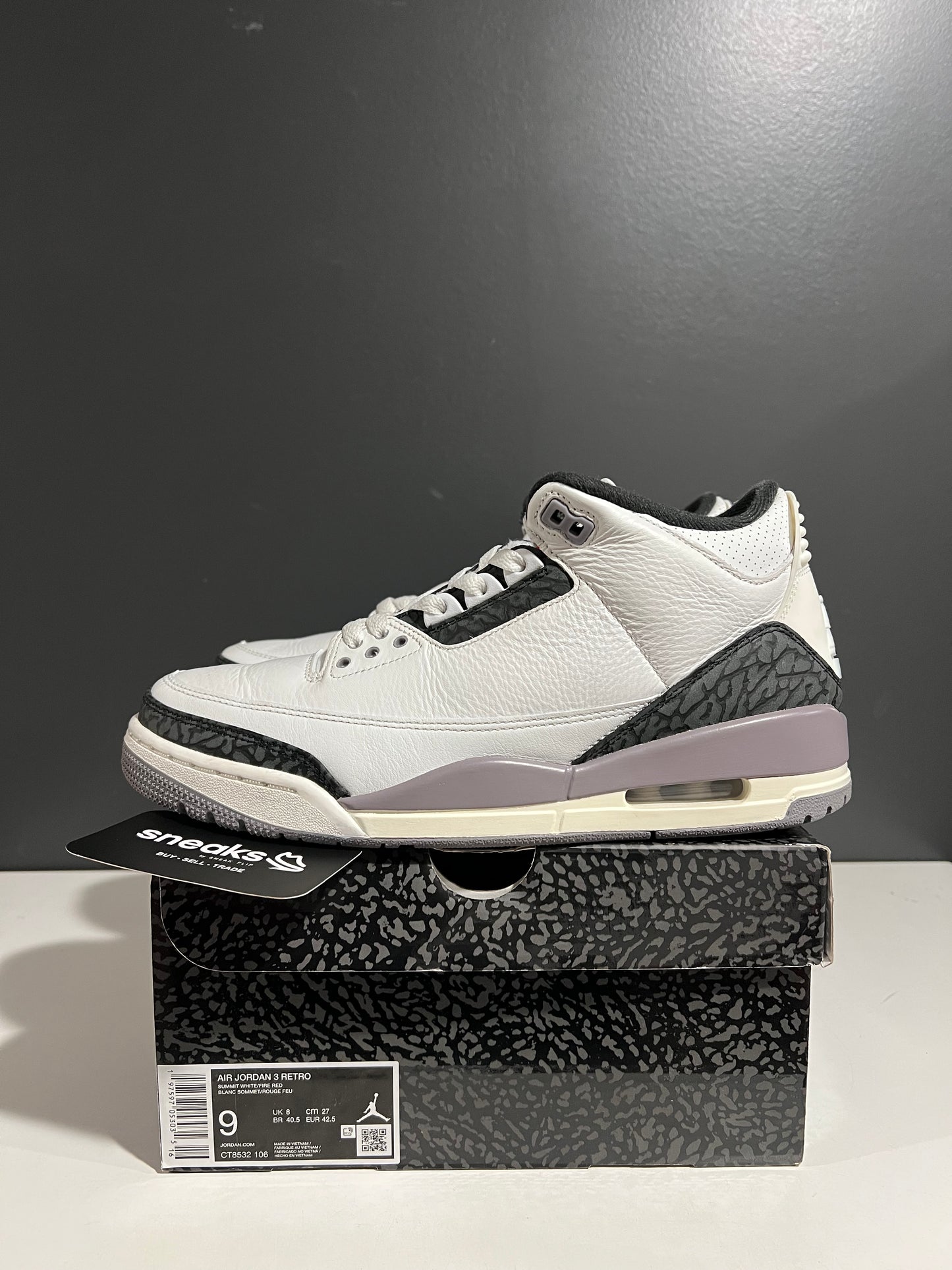 USED Air Jordan 3 Retro Cement Grey CT8532-106 SIZE 9M OG ALL AG25-327