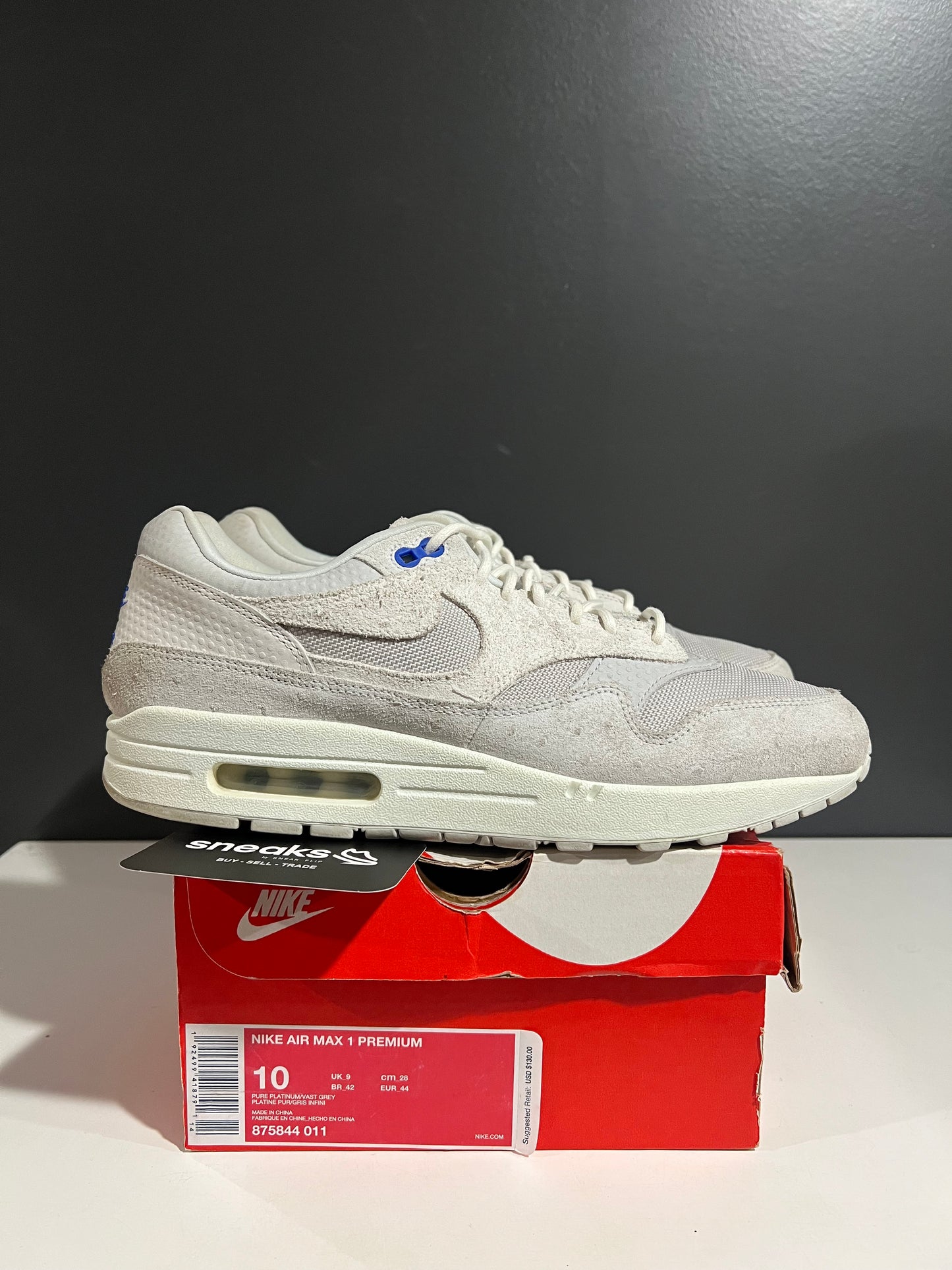USED Nike Air Max 1 Premium Pure Platinum Racer Blue 875844-011 SIZE 10M OG ALL JY25-231