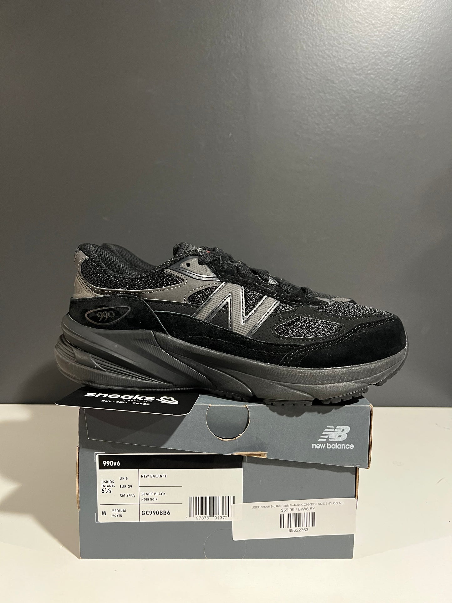 USED New Balance 990v6 Big Kid Black Metallic GC990BB6 SIZE 6.5Y OG ALL