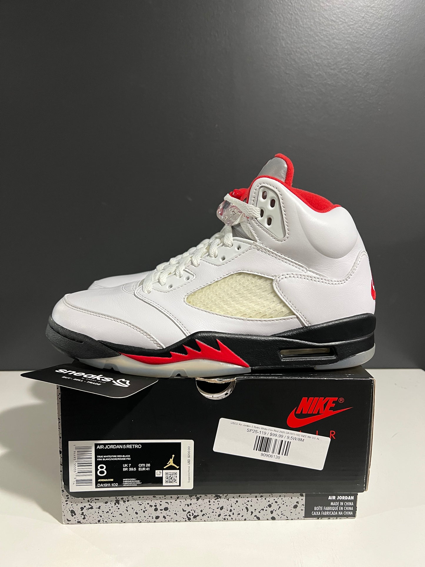 USED Air Jordan 5 Retro White Fire Red 2020 DA1911-102 SIZE 8M OG ALL SP25-119
