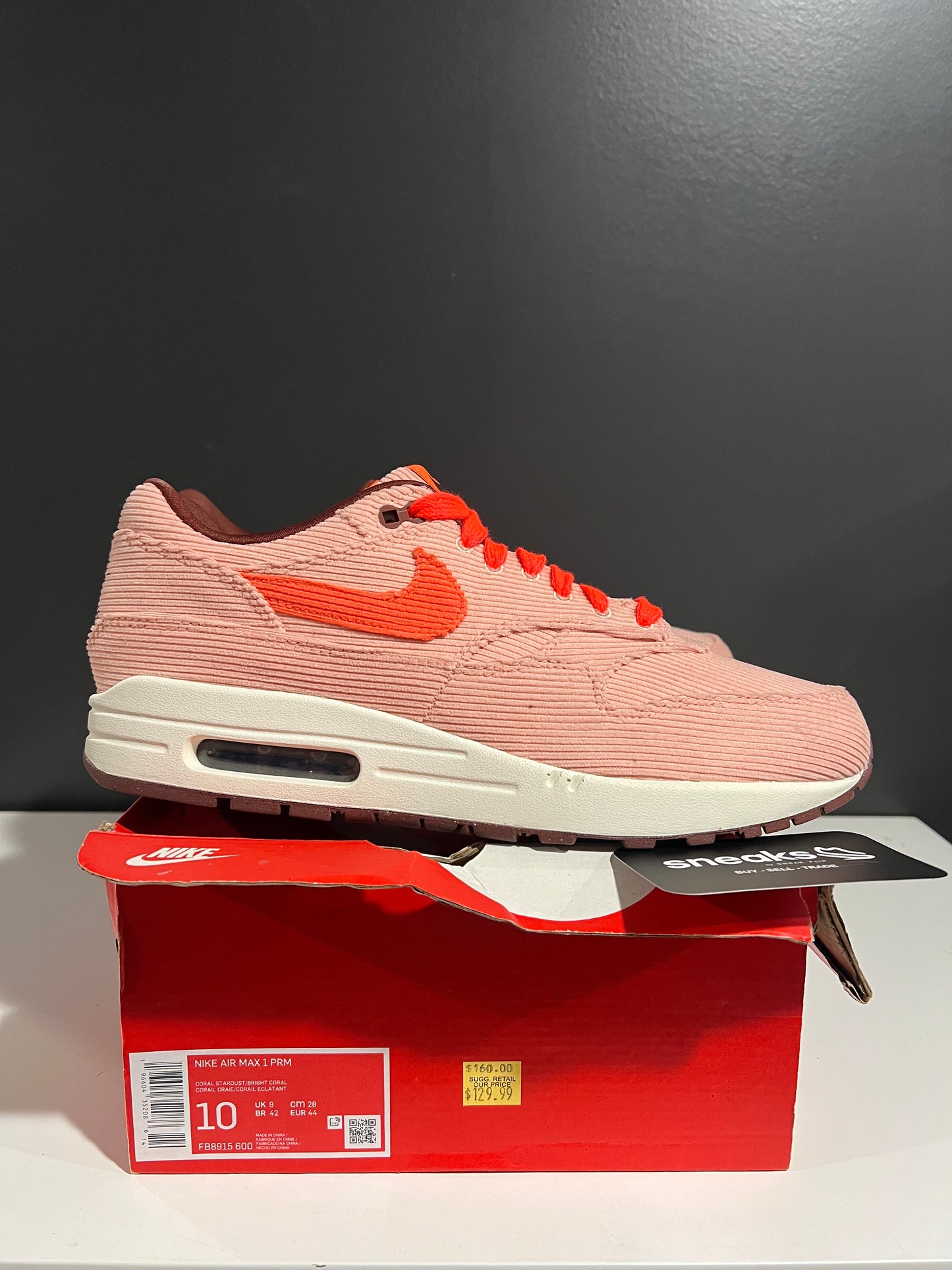 USED Air Max 1 Premium Coral Stardust Corduroy FB8915-600 SIZE 10M OG ALL