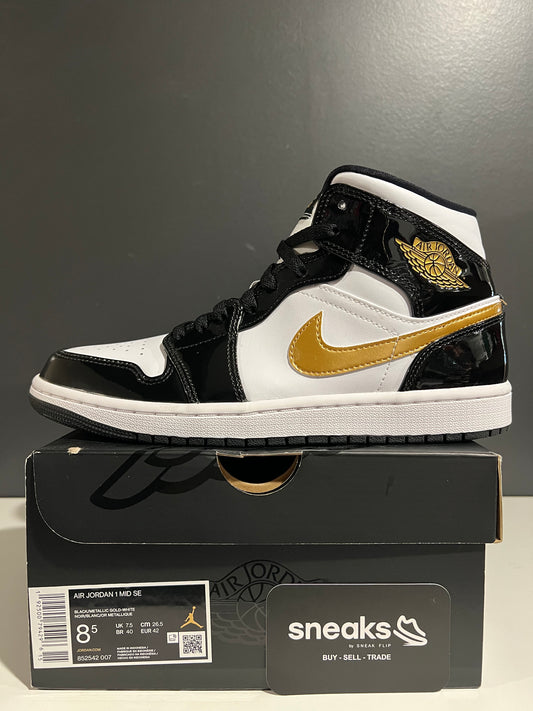 USED Air Jordan 1 Mid Patent SE Black Gold 852542-007 SIZE 8.5M OG ALL AG25-216