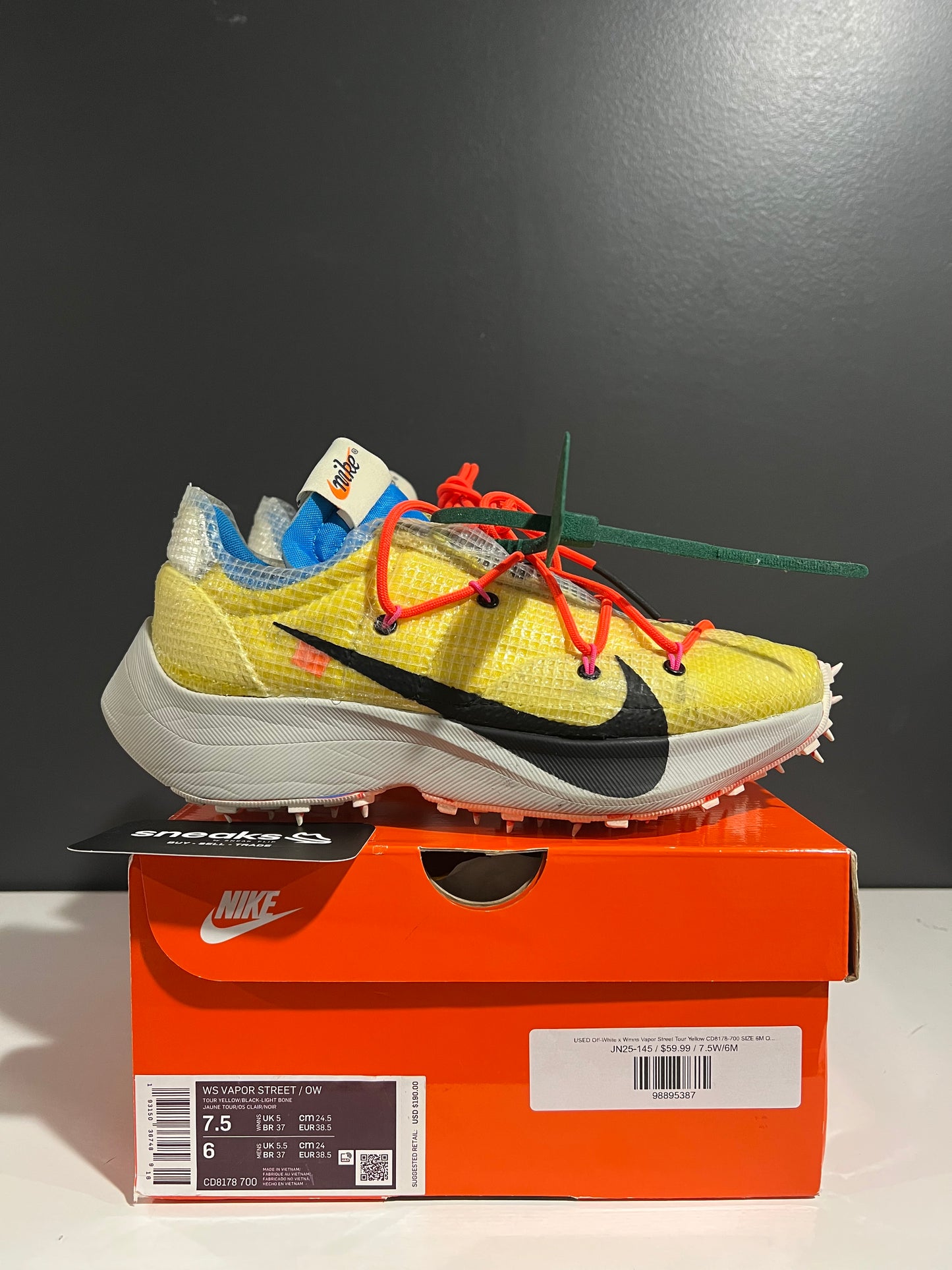 USED Off-White x Wmns Vapor Street Tour Yellow CD8178-700 SIZE 6M OG ALL JN25-145