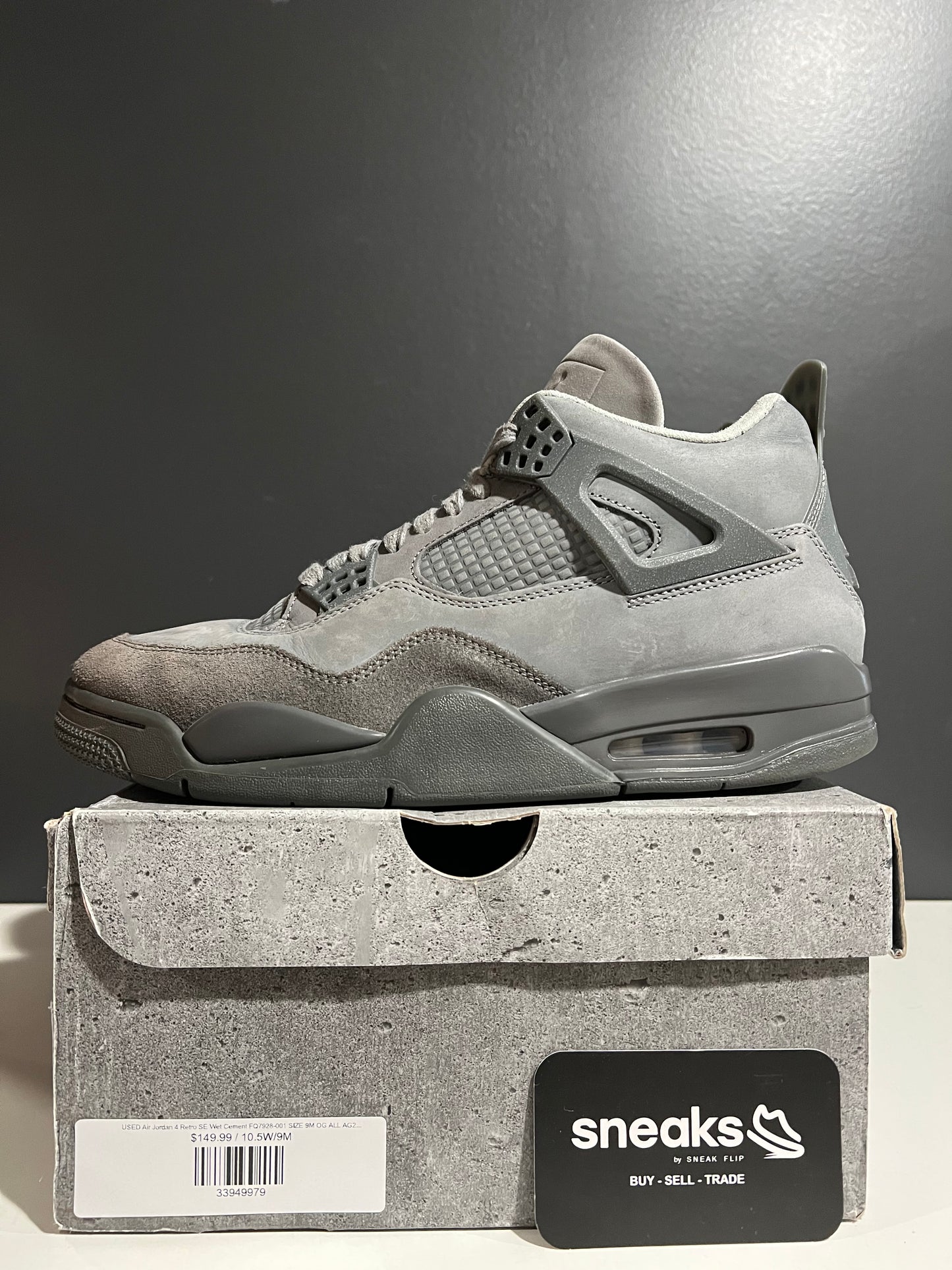 USED Air Jordan 4 Retro SE Wet Cement FQ7928-001 SIZE 9M OG ALL AG25-205