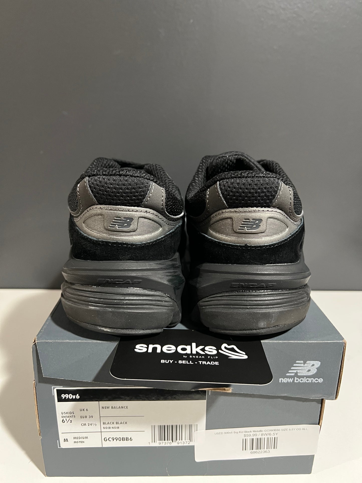 USED New Balance 990v6 Big Kid Black Metallic GC990BB6 SIZE 6.5Y OG ALL