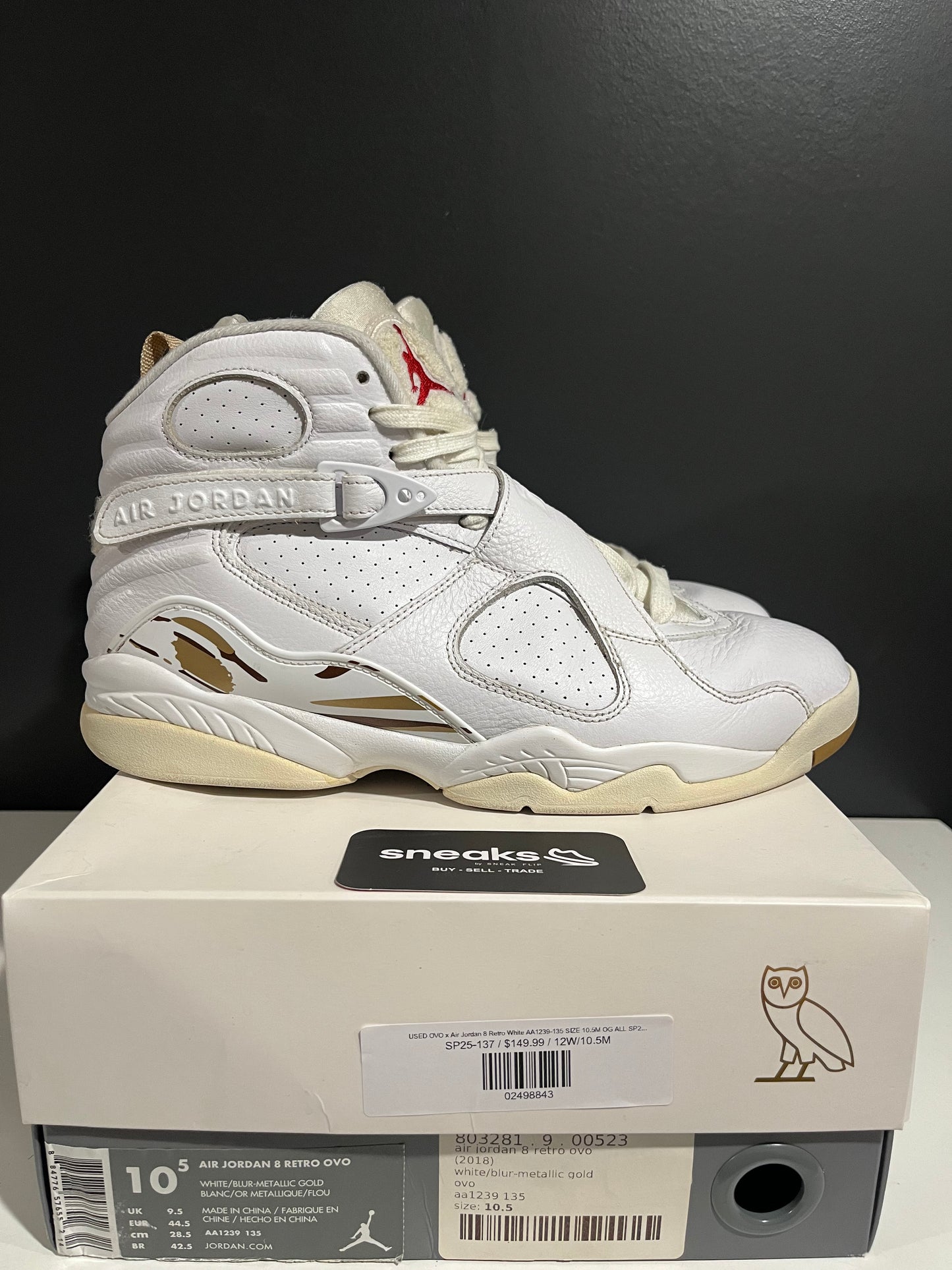 USED OVO x Air Jordan 8 Retro White AA1239-135 SIZE 10.5M OG ALL SP25-137