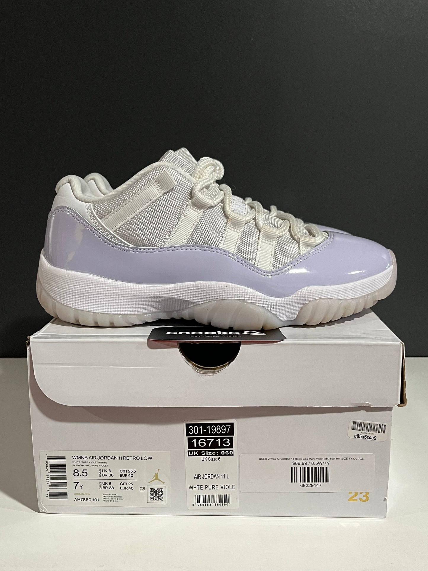 USED Wmns Air Jordan 11 Retro Low Pure Violet AH7860-101 SIZE 7Y OG ALL