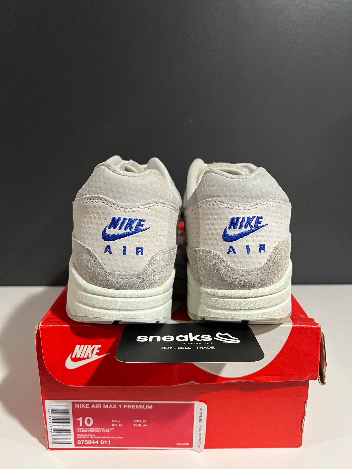 USED Nike Air Max 1 Premium Pure Platinum Racer Blue 875844-011 SIZE 10M OG ALL JY25-231