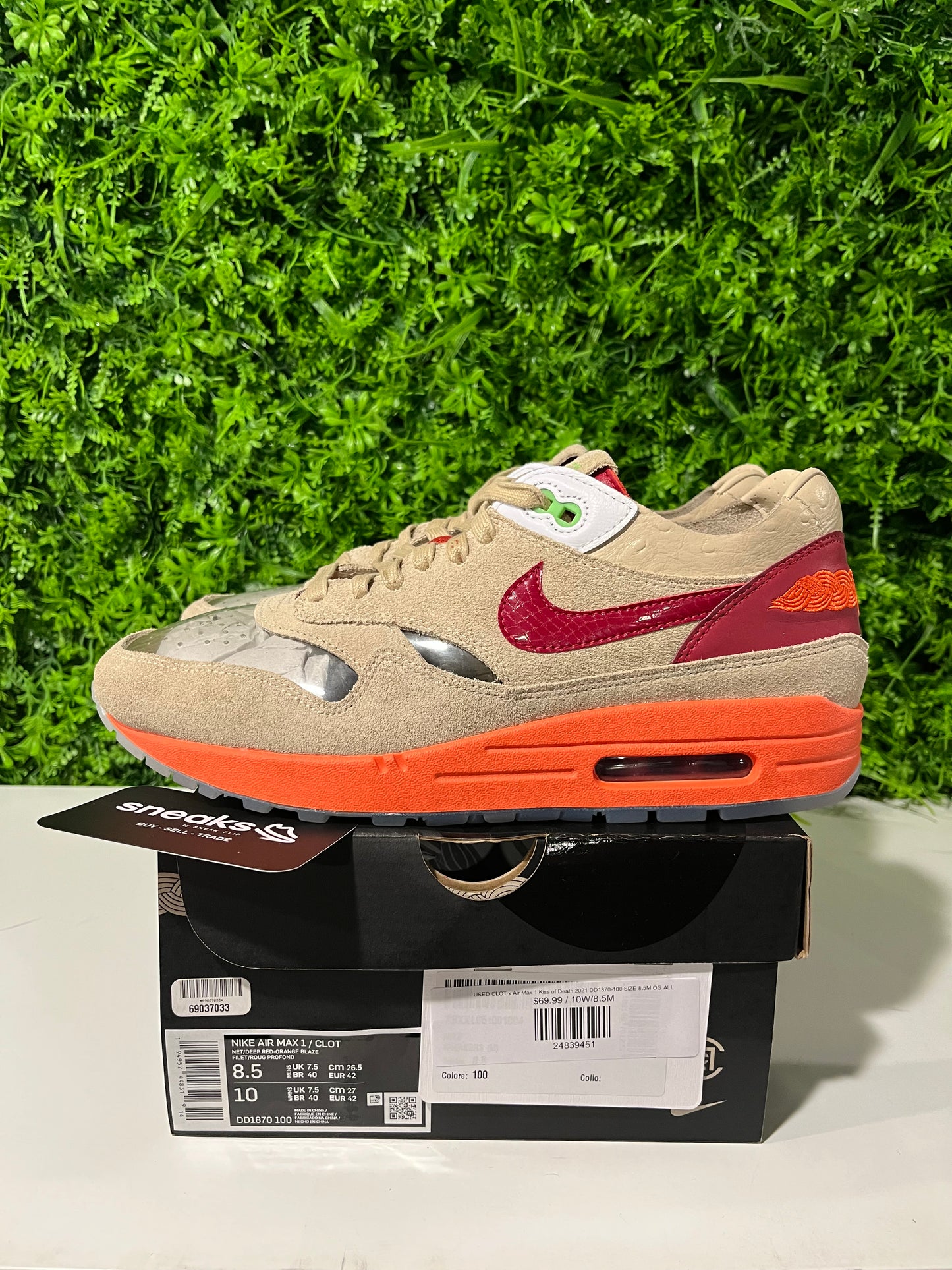 USED CLOT x Air Max 1 Kiss of Death 2021 DD1870-100 SIZE 8.5M OG ALL