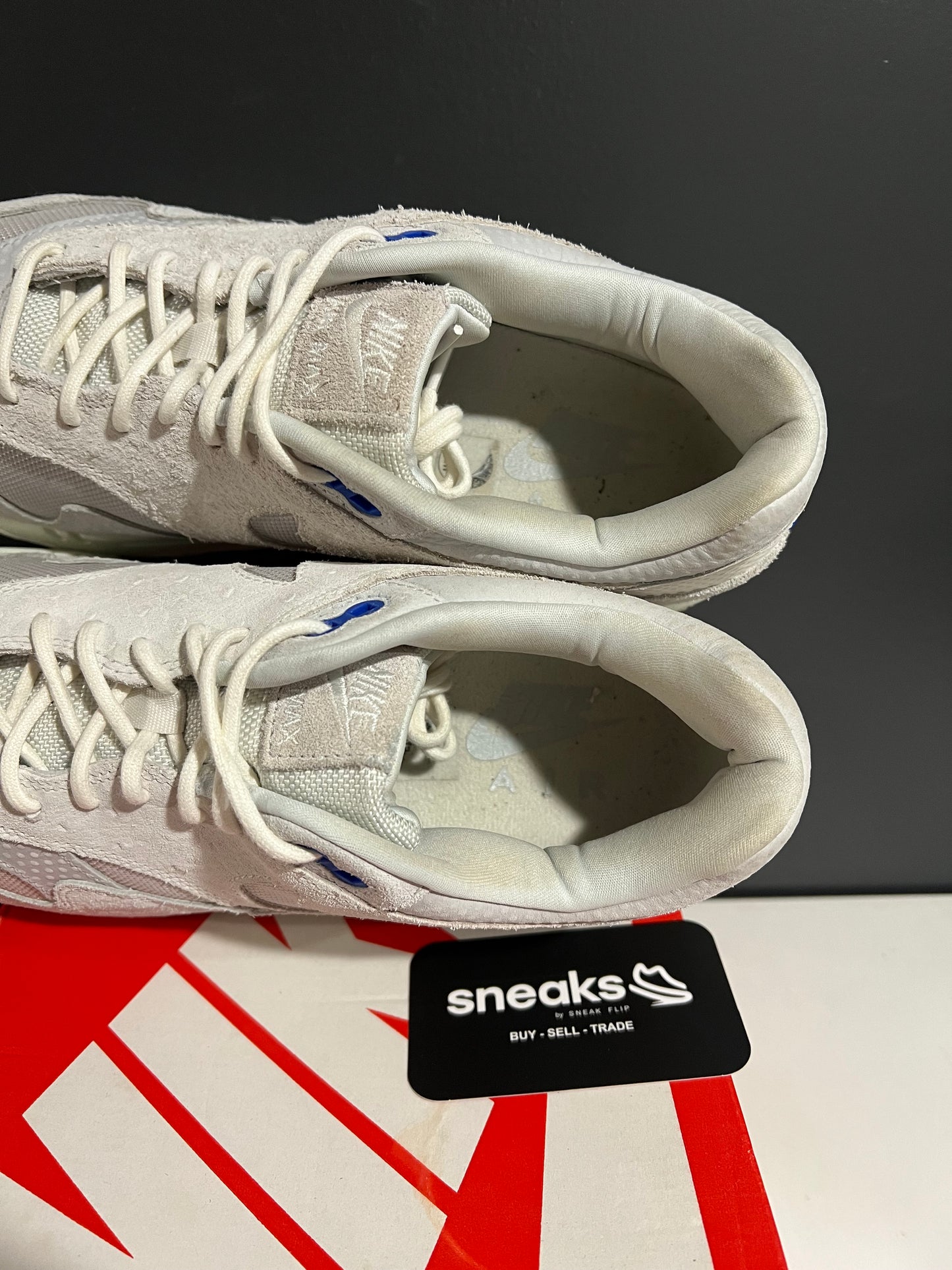 USED Nike Air Max 1 Premium Pure Platinum Racer Blue 875844-011 SIZE 10M OG ALL JY25-231