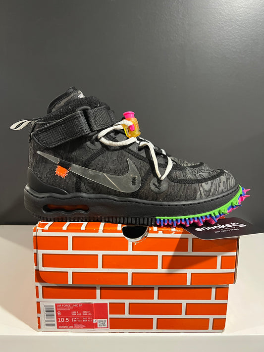 USED Off-White x Air Force 1 Mid Black DO6290-001 SIZE 9M OG ALL