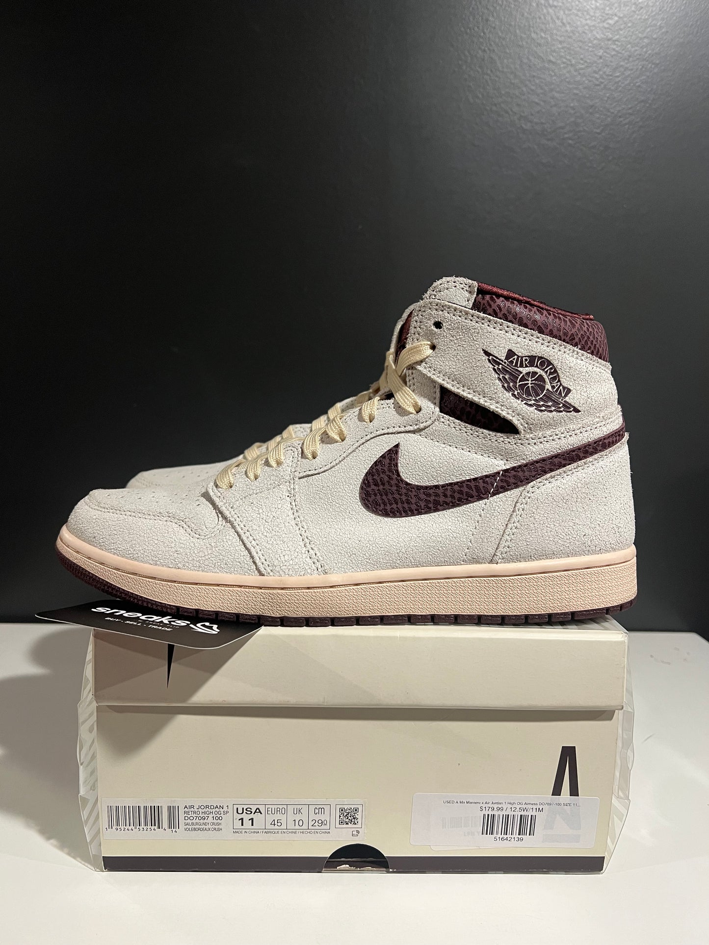 USED A Ma Maniére x Air Jordan 1 High OG Airness DO7097-100 SIZE 11M OG ALL JN25-116