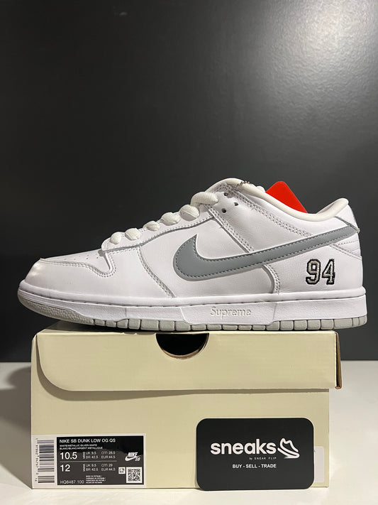 NEW Supreme x Dunk Low SB White Metallic Silver HQ8487-100 SIZE OG ALL