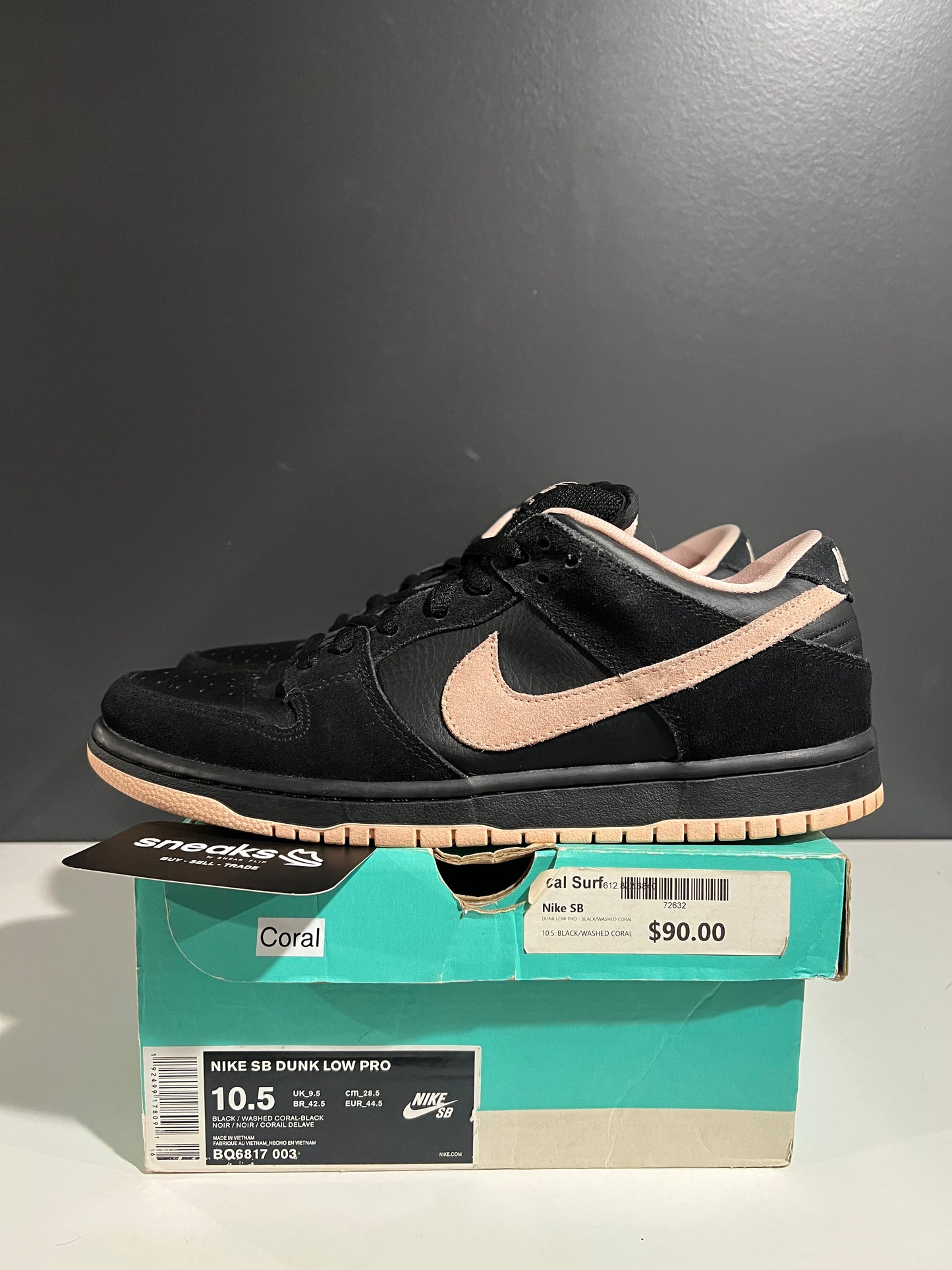 USED Nike SB Dunk Low Black Washed Coral BQ6817-003 SIZE 10.5M OG ALL JY25-303
