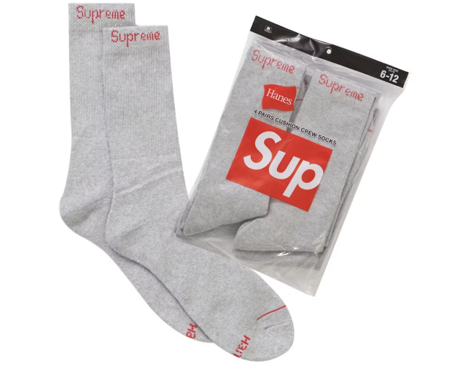 Supreme Hanes Crew Socks (4 Pack) Heather Grey