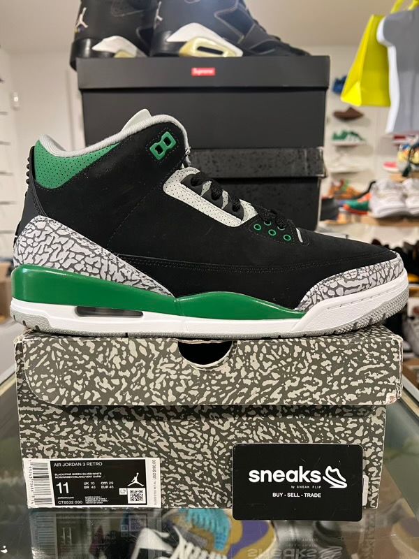 USED SIZE 11M Jordan 3 Retro Pine Green - Used Damaged Box
